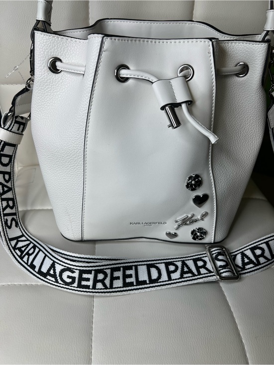 Karl Lagerfeld Handbags - Karl Lagerfeld White Leather Drawstring Bucket Bag with Logo Strap